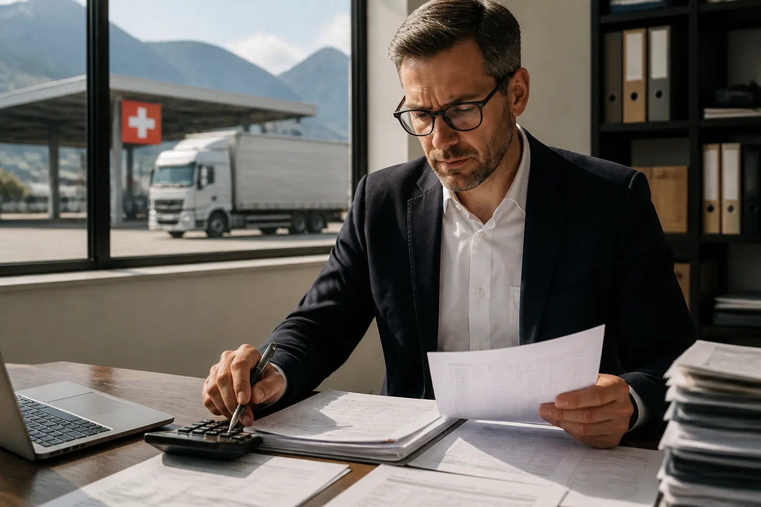 Comptable examinant une facture et des documents douaniers, tva suisse, camion près d’un poste frontière suisse, calculatrice sur bureau