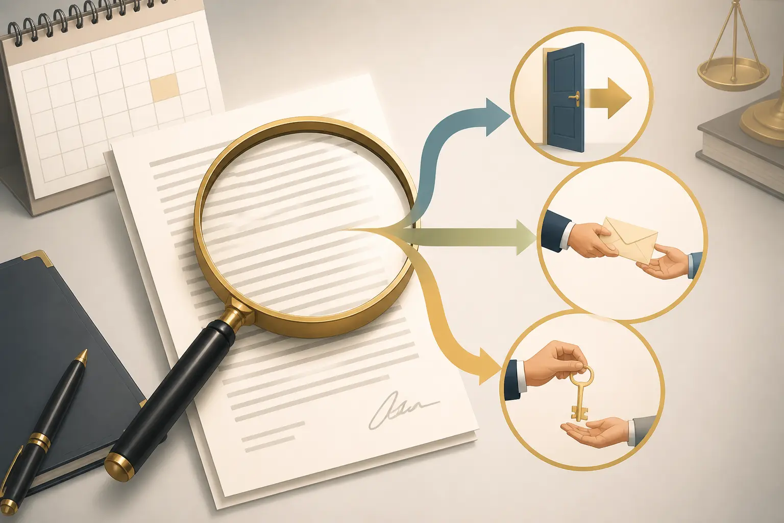 Bail commercial résiliation : document examiné avec loupe, trois options visibles, résilier, donner congé, céder le bail.