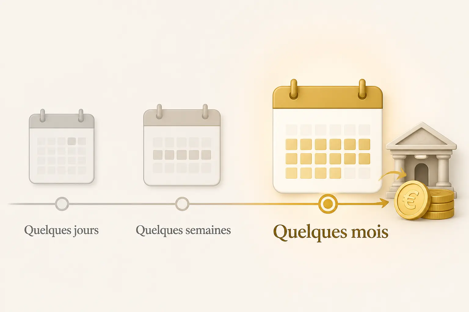 Combien de temps pour toucher l'argent d'une succession : frise montrant quelques jours, semaines puis quelques mois.