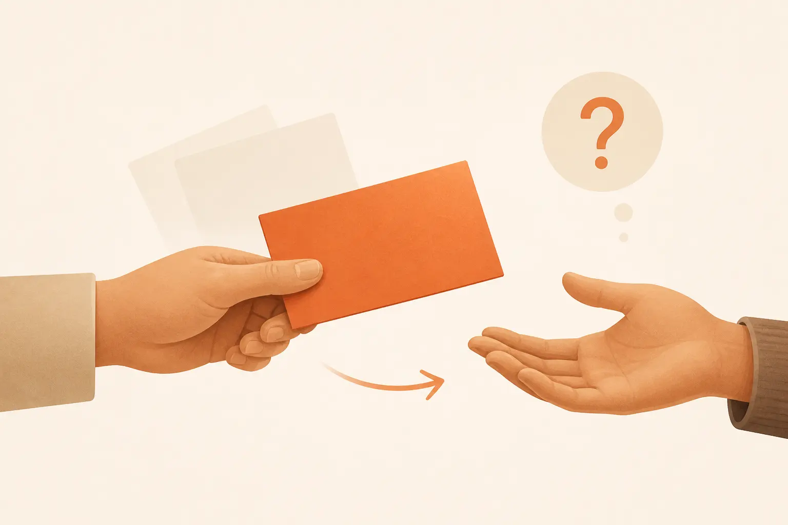 Définition d'une offre : une main présente une carte à une autre, avec flèche et bulle de réponse.