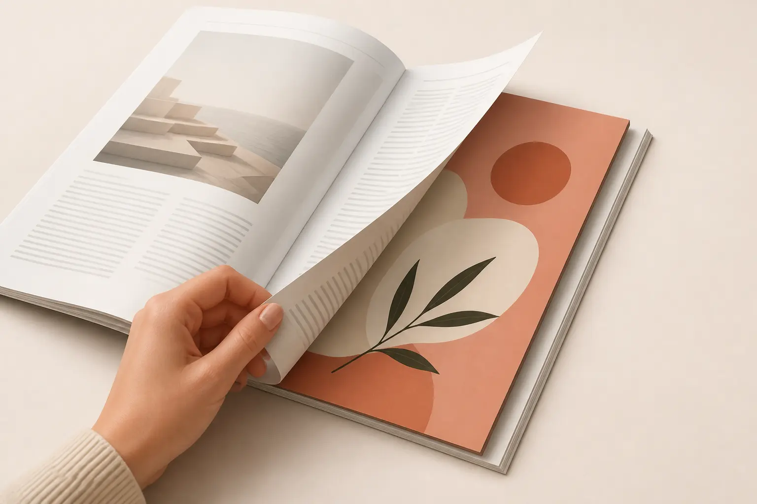 Encart publicitaire inséré dans un magazine ouvert, feuilleté par une main, style éditorial épuré.