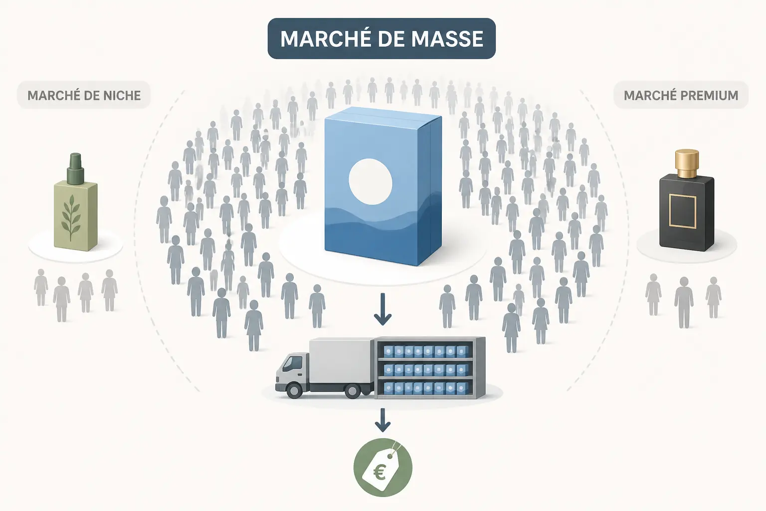 Marché de masse : produit standardisé distribué à un large groupe de consommateurs homogènes, avec prix accessible.