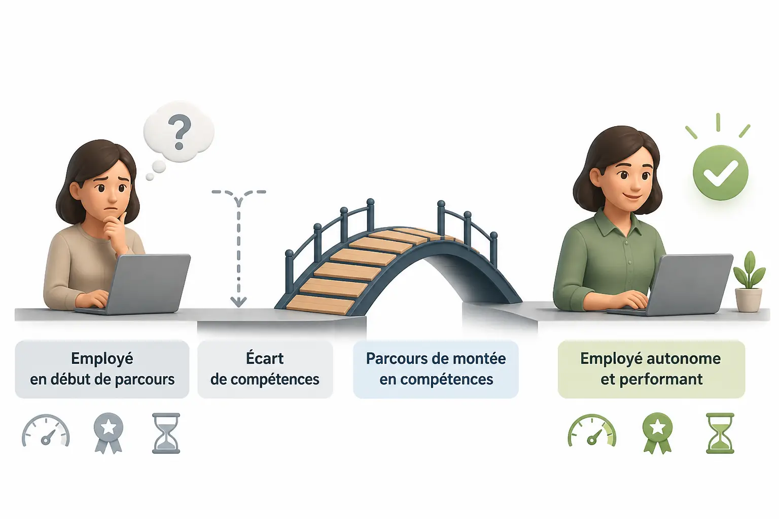 Montée en compétence : un écart se comble entre un employé débutant et un employé autonome.
