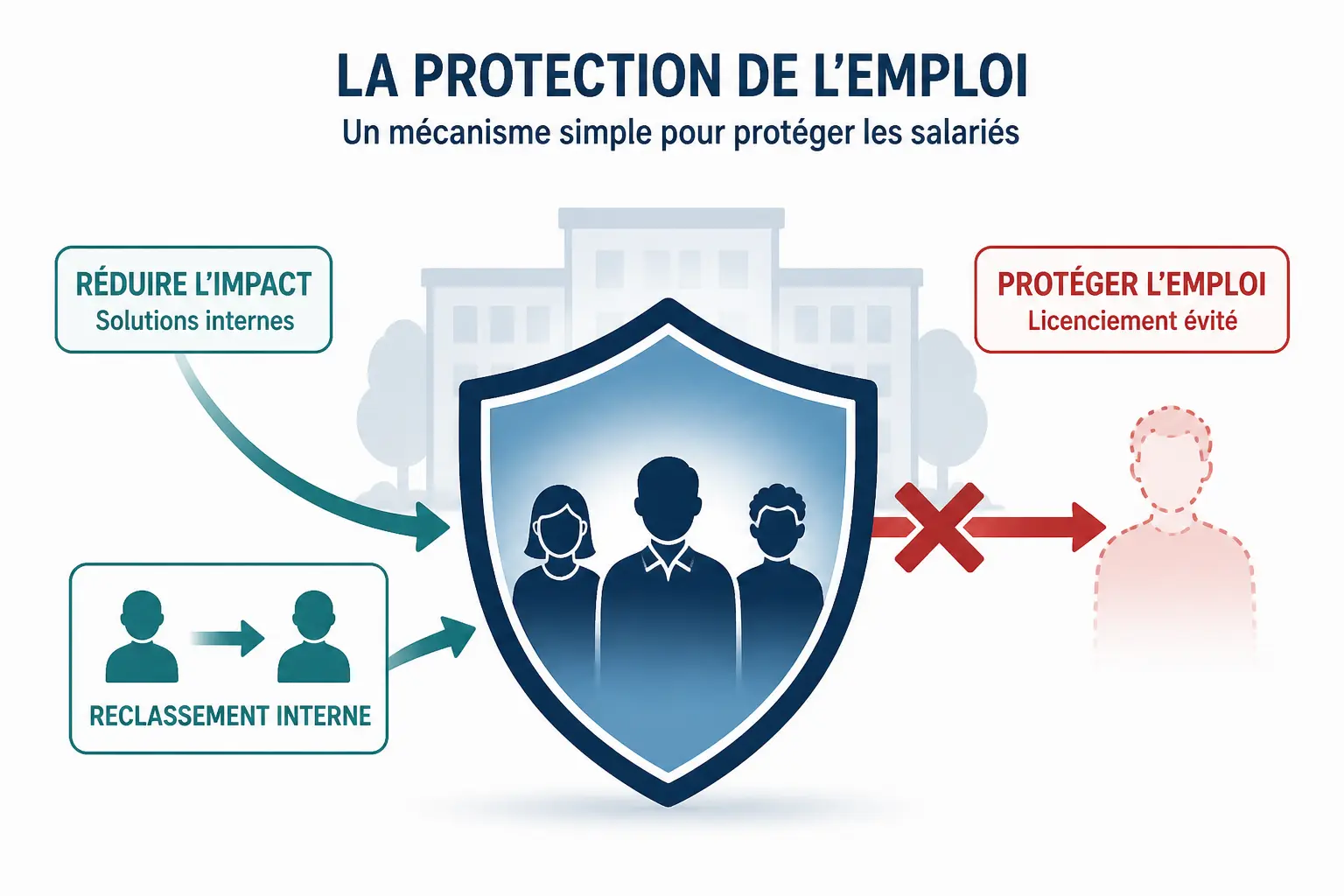 Schéma du plan de sauvegarde de l'emploi : bouclier protégeant des salariés et réaffectation interne