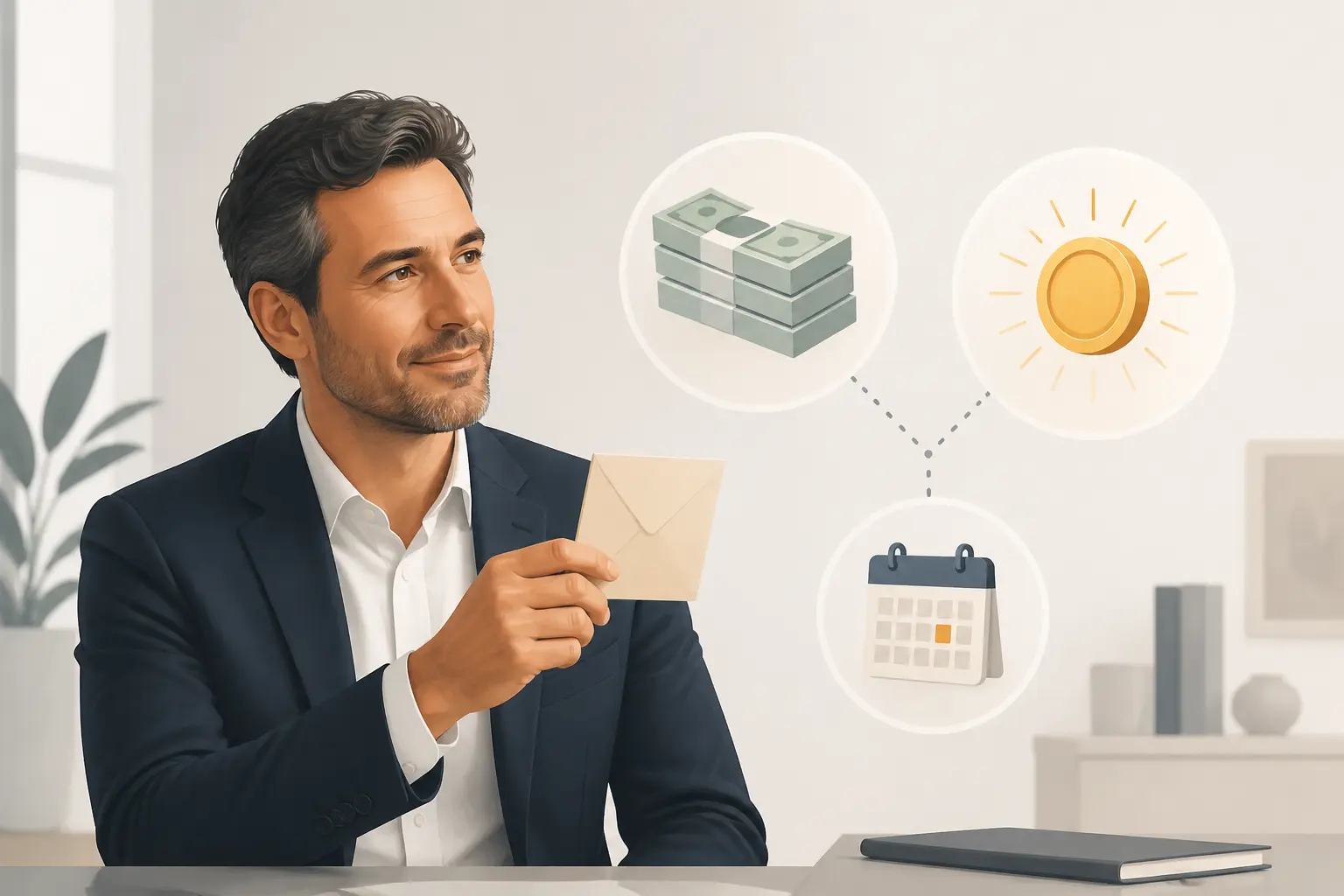 Dirigeant français comparant une prime exceptionnelle ponctuelle à un salaire mensuel fixe, avec enveloppe et calendrier.