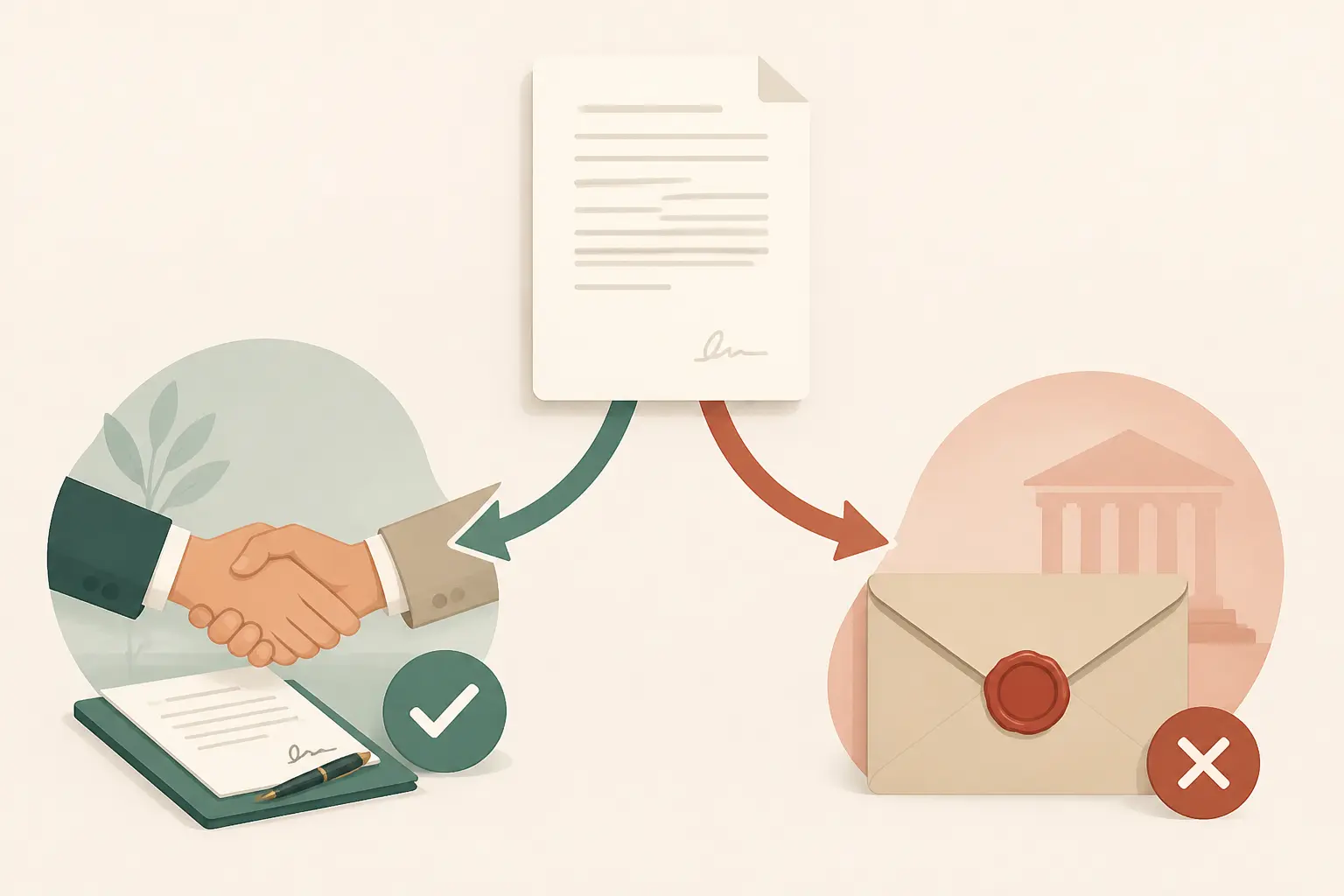 Rupture conventionnelle ou licenciement : contrat central, poignée de main à gauche, enveloppe de licenciement à droite.
