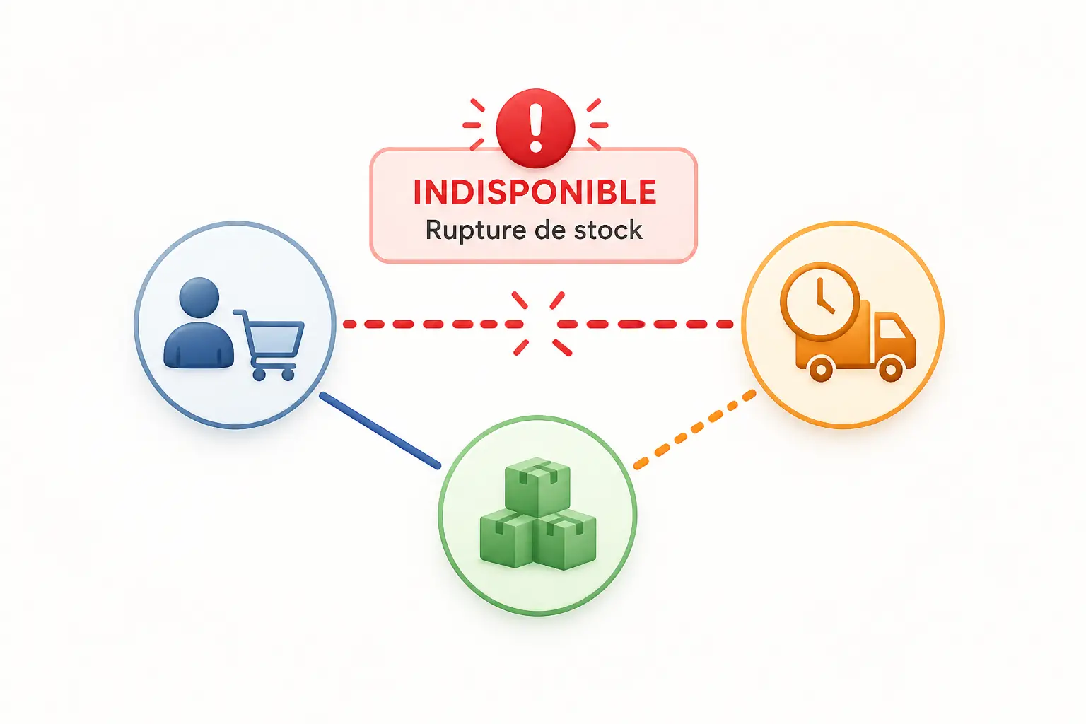 Schéma minimaliste d’une rupture de stock : demande client, stock produit et retard de livraison désalignés.