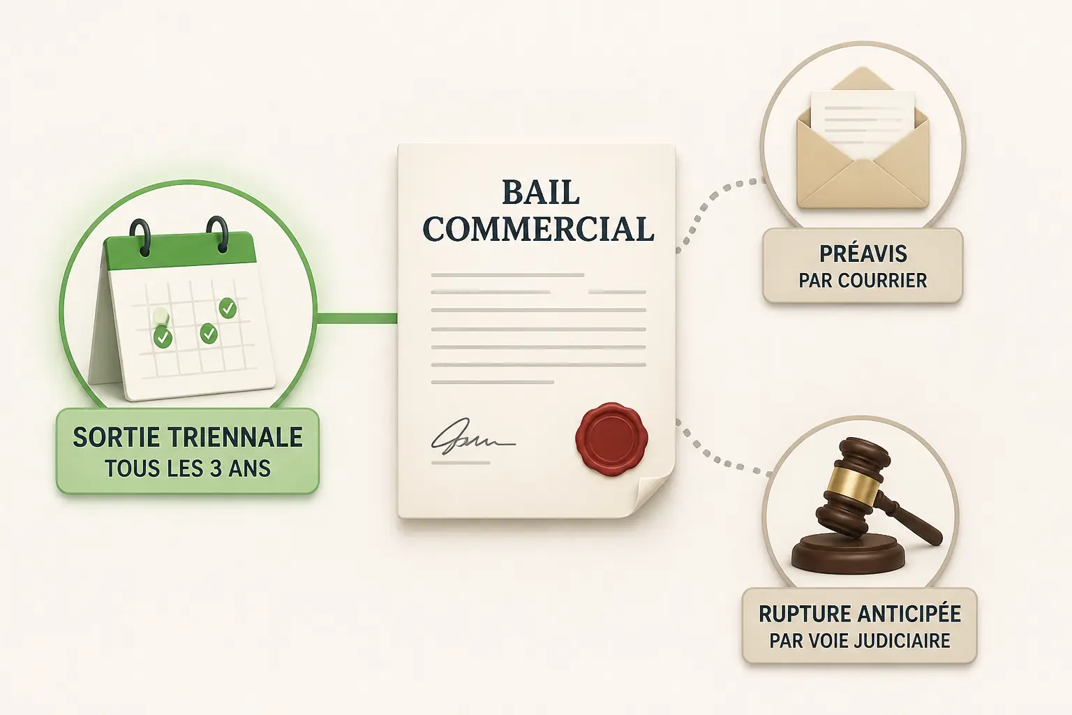 Bail commercial résiliation : contrat, calendrier triennal, lettre de préavis et marteau du juge.