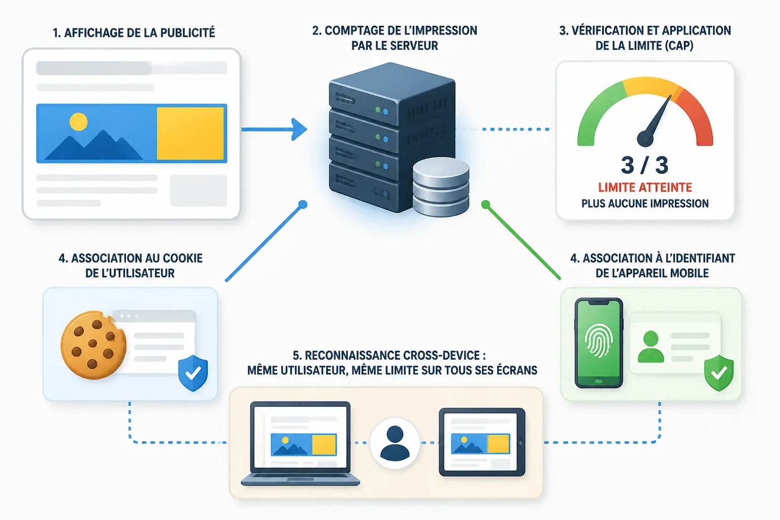 capping def : schéma du plafonnement publicitaire entre serveur, cookie, mobile et compteur d’impressions