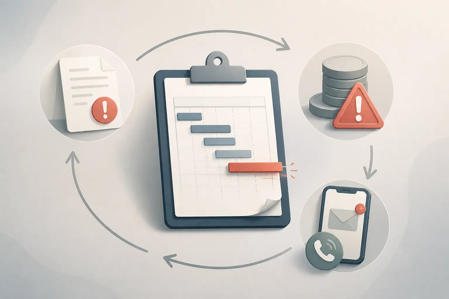 Chargé de projet : illustration d’un quotidien avec planning, document en retard, budget et notifications.