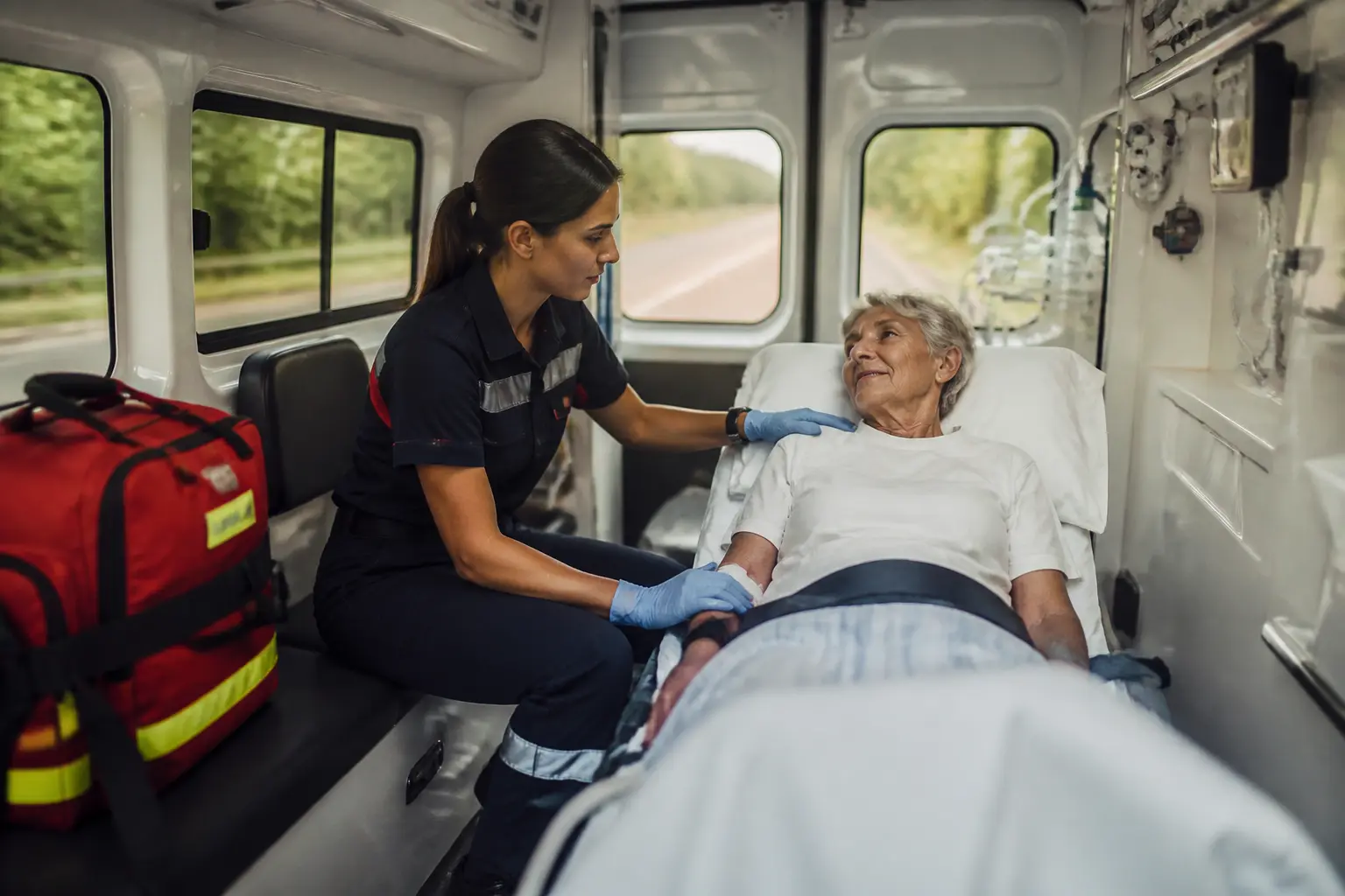 Comment devenir ambulancier : transport d’un patient en ambulance, surveillance et confort en route.