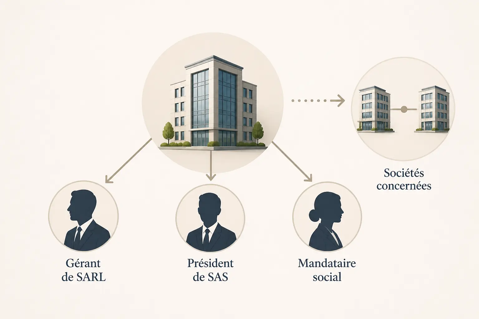Schéma éditorial de convention réglementée : dirigeants, mandataire et sociétés concernées reliés au centre.