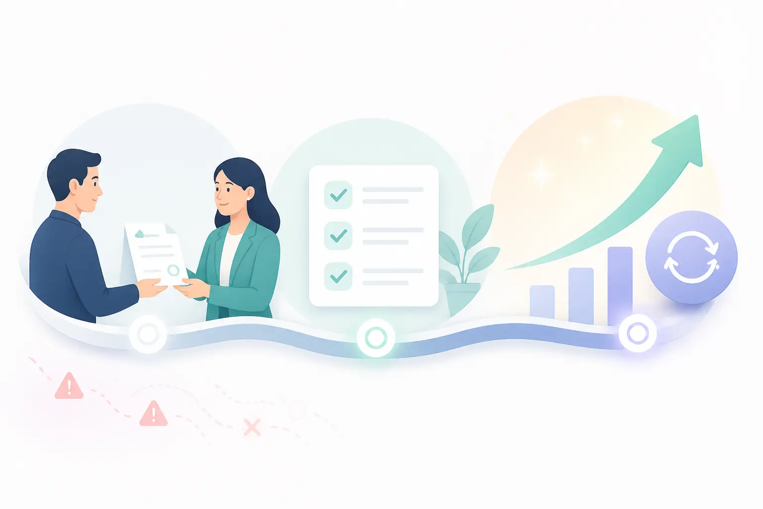 Customer success : un CSM guide un client sur un parcours en 3 étapes vers la valeur, avec onboarding et rétention.