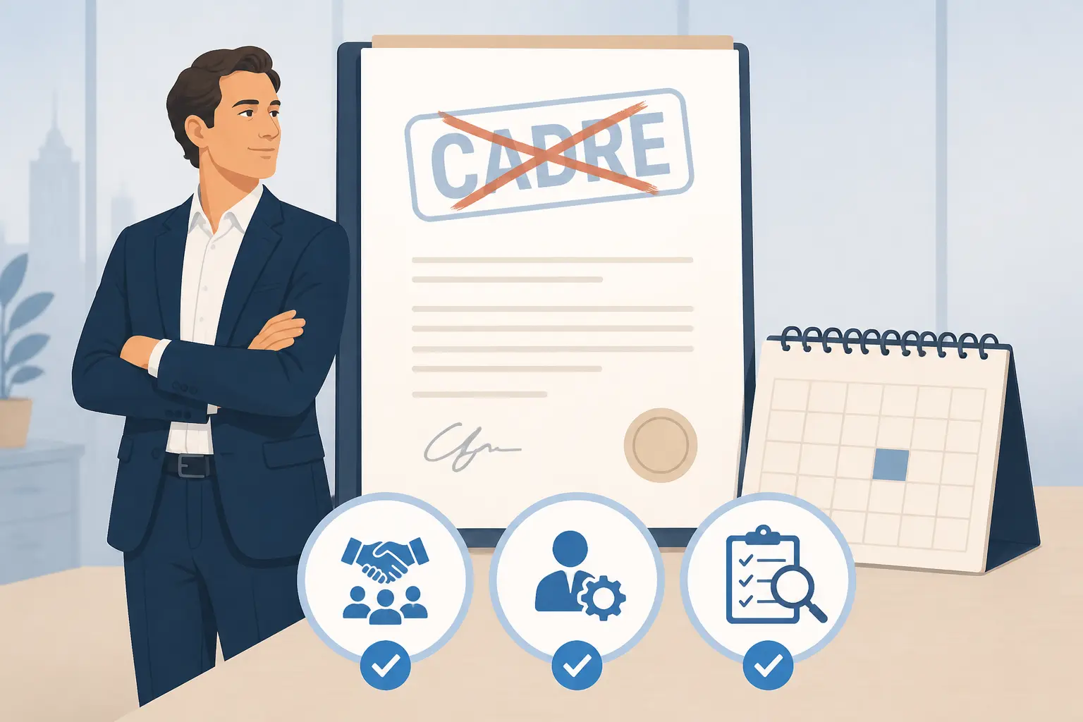 Forfait cadre jour : salarié, contrat, calendrier et critères de validation illustrés en style éditorial.