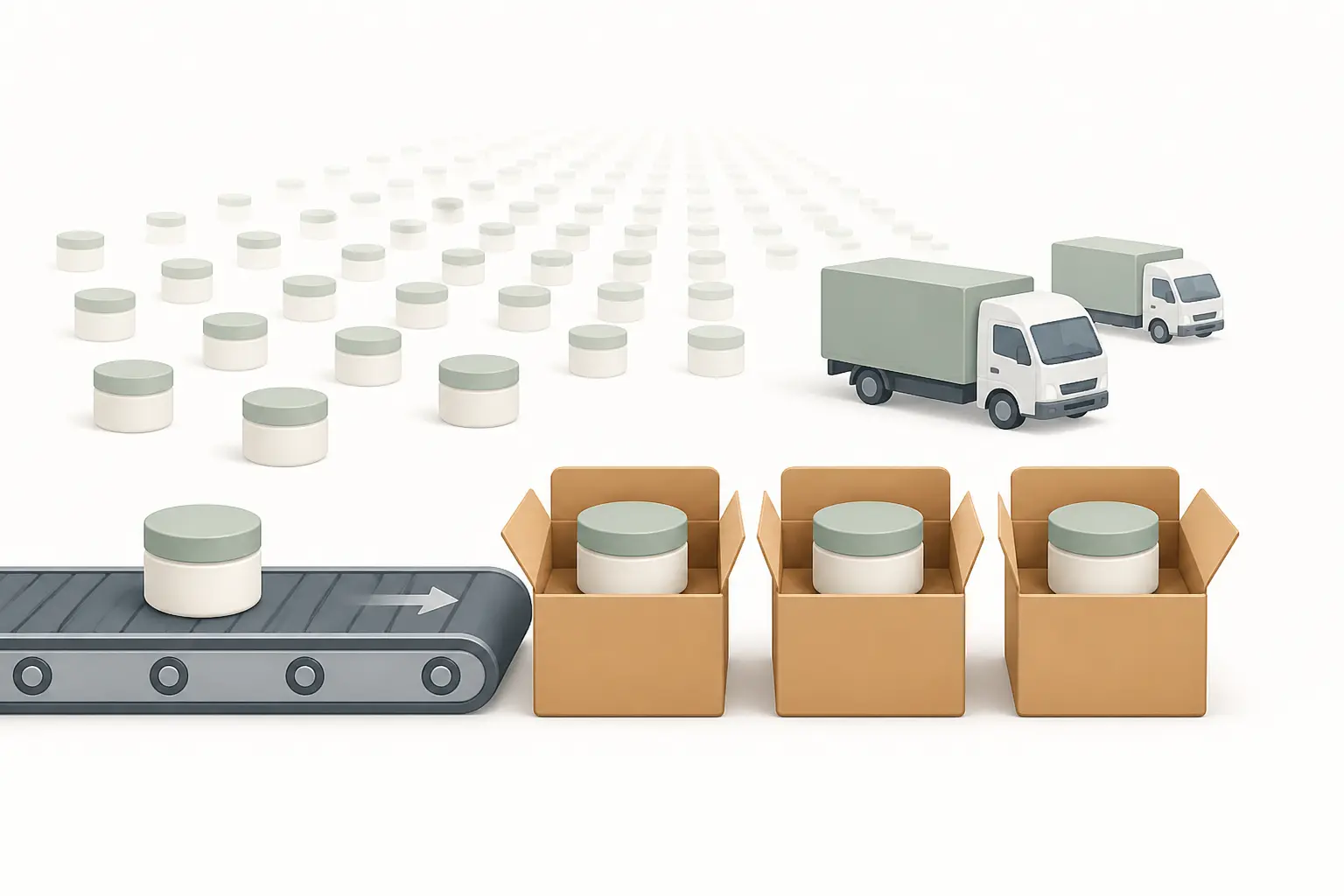 Marché de masse : produit standardisé sur convoyeur, boîtes identiques et camions de distribution.