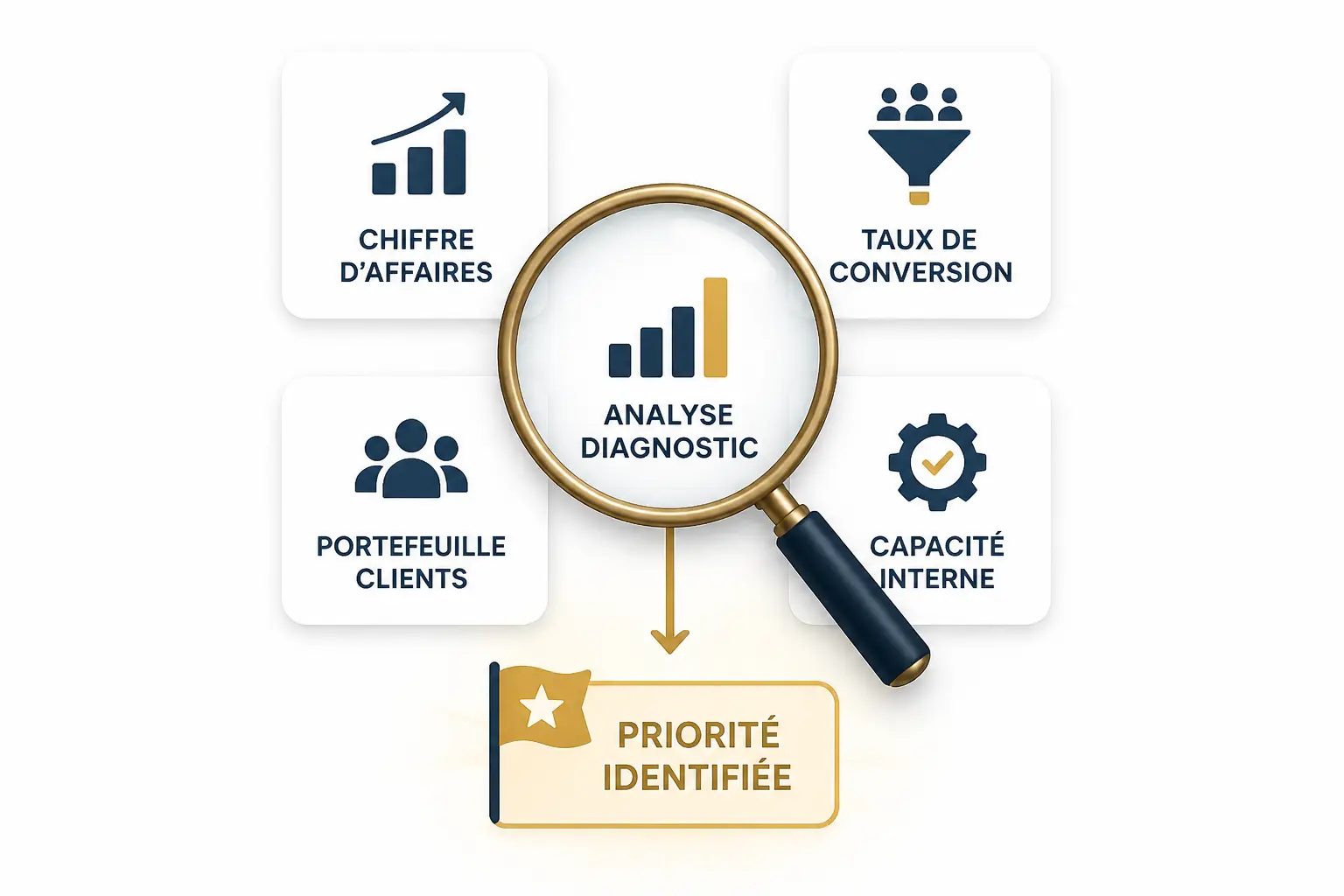 Plan d'action commercial : diagnostic visuel avec loupe, chiffres clés, clients et priorité mise en avant
