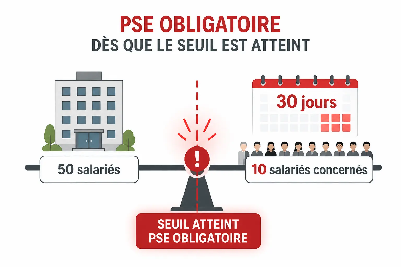 Plan de sauvegarde de l'emploi : seuil de 50 salariés et 30 jours, déclenchement obligatoire illustré