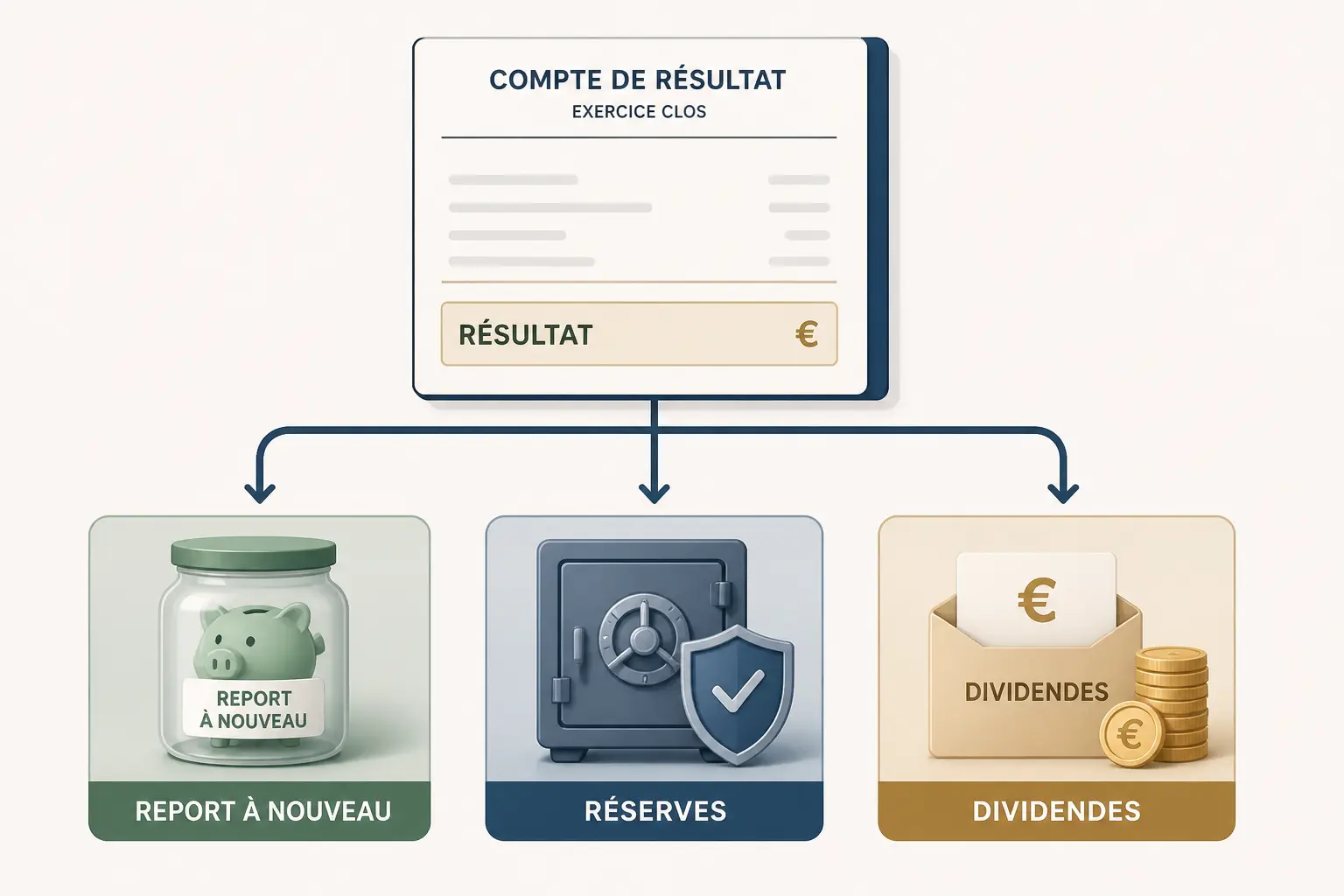 Schéma d’affectation du résultat montrant le report à nouveau, les réserves et les dividendes.