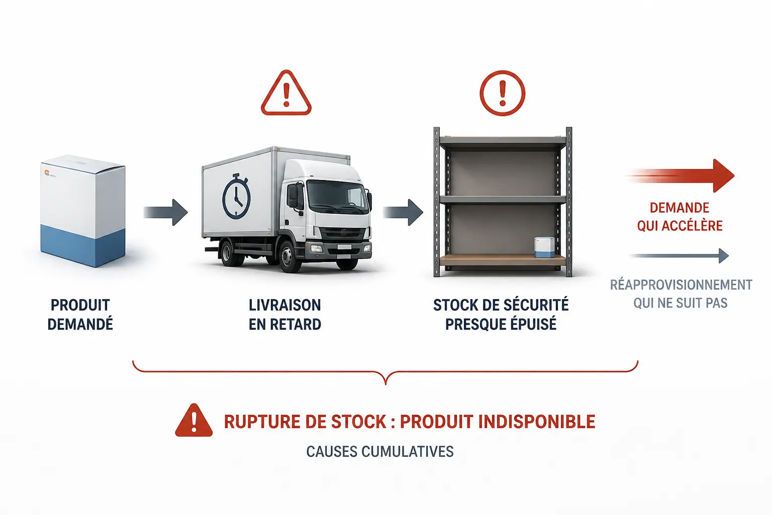 Rupture de stock : schéma montrant un produit, un camion en retard, un stock de sécurité presque vide et une demande plus forte.