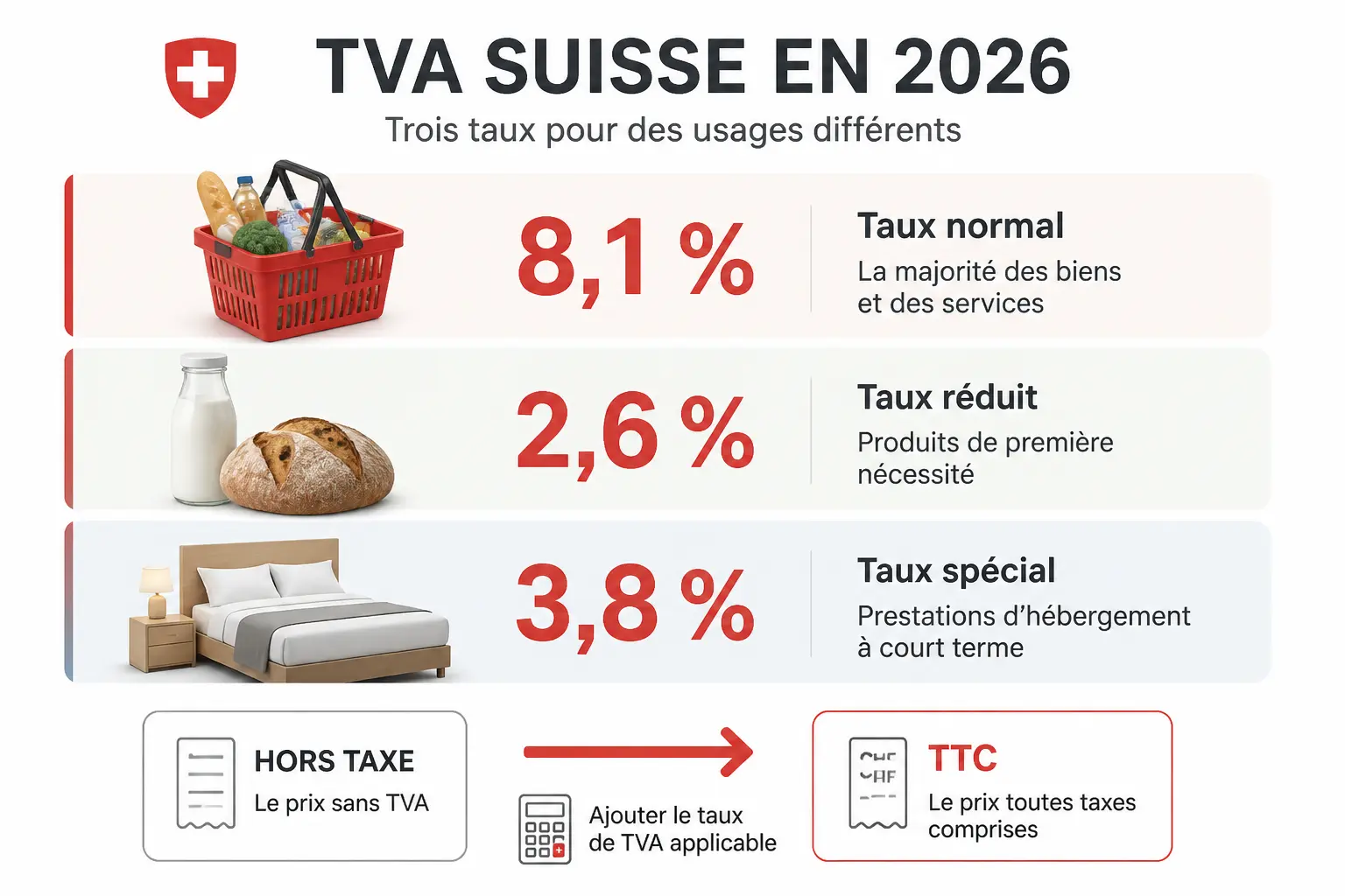 Quels sont les taux de TVA suisse en 2026 et comment les calculer ?