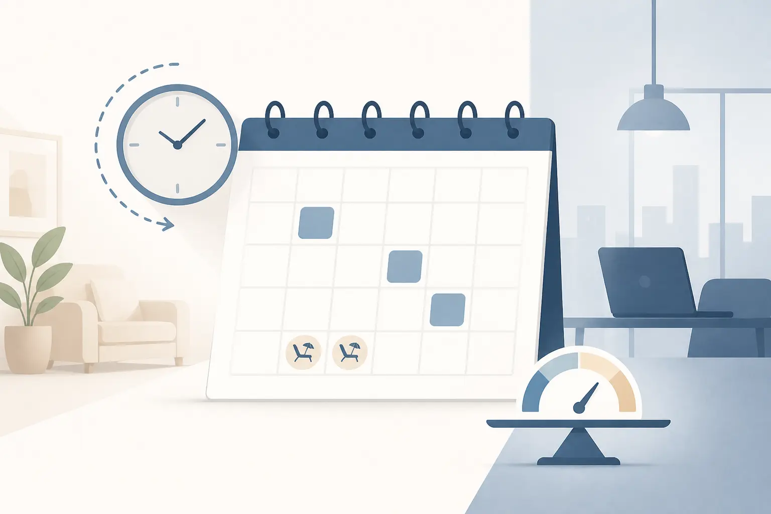 Calendrier de forfait jours, RTT et horloge flexible illustrant l’avantage statut cadre en télétravail