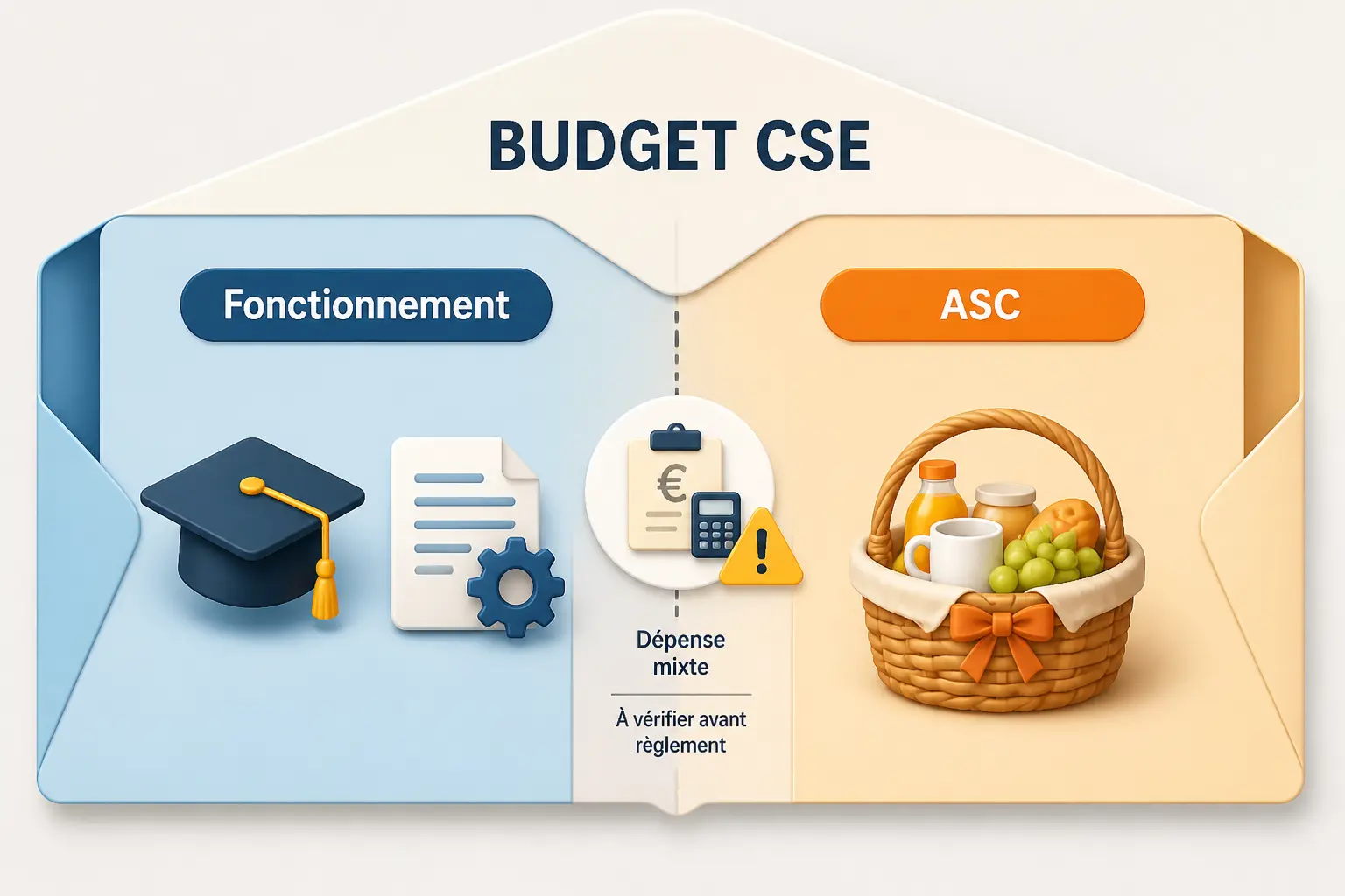 Budget cse : schéma du budget CSE partagé entre Fonctionnement et ASC, avec dépenses et alerte mixte