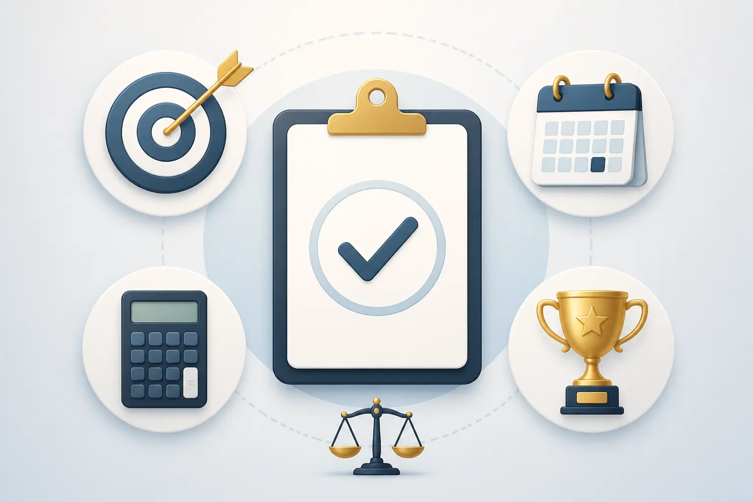 Challenge commercial : clipboard central avec règles simples, cible, calendrier, calculatrice, trophée et balance.