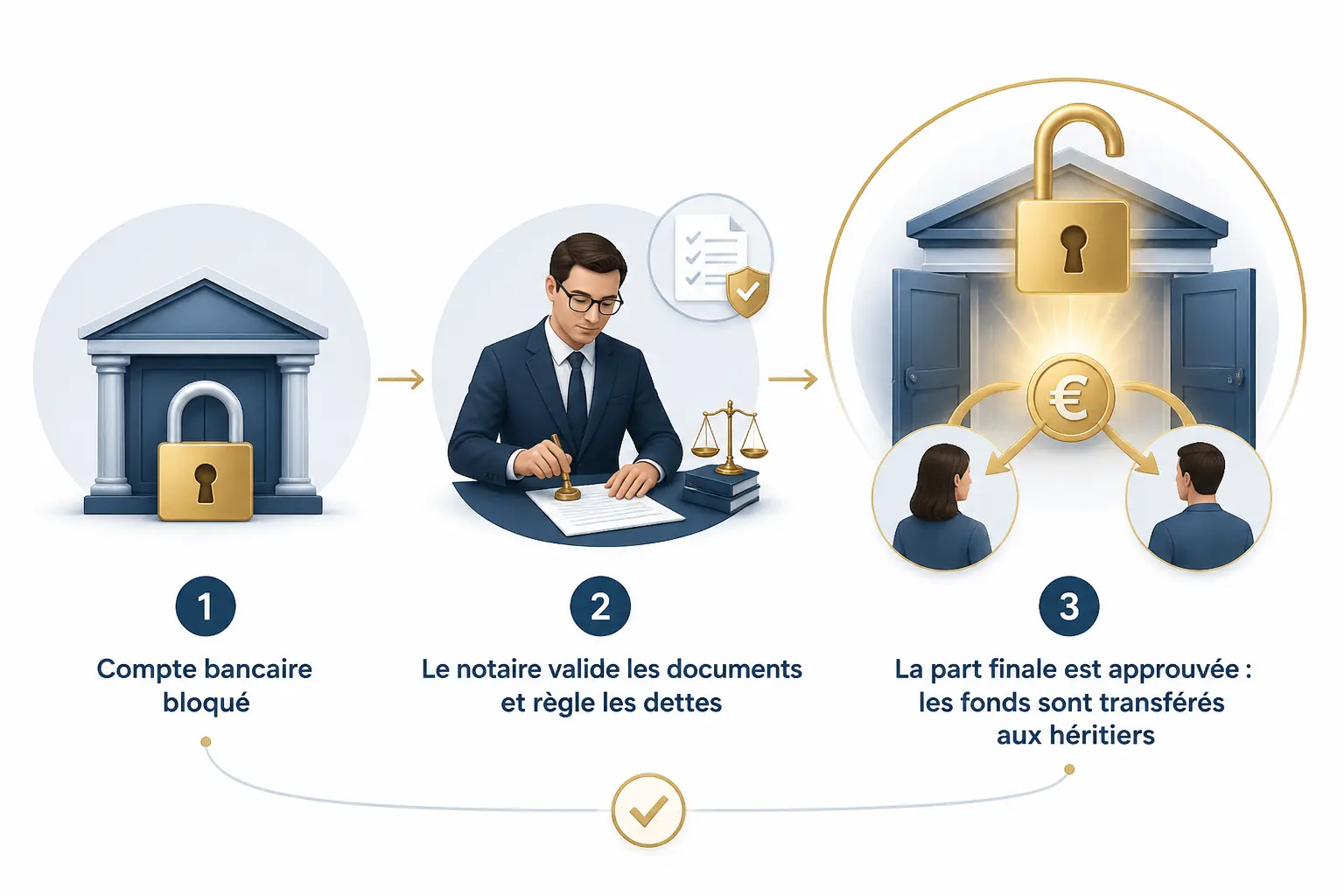 Combien de temps pour toucher l'argent d'une succession : compte bloqué, notaire, puis virement aux héritiers.