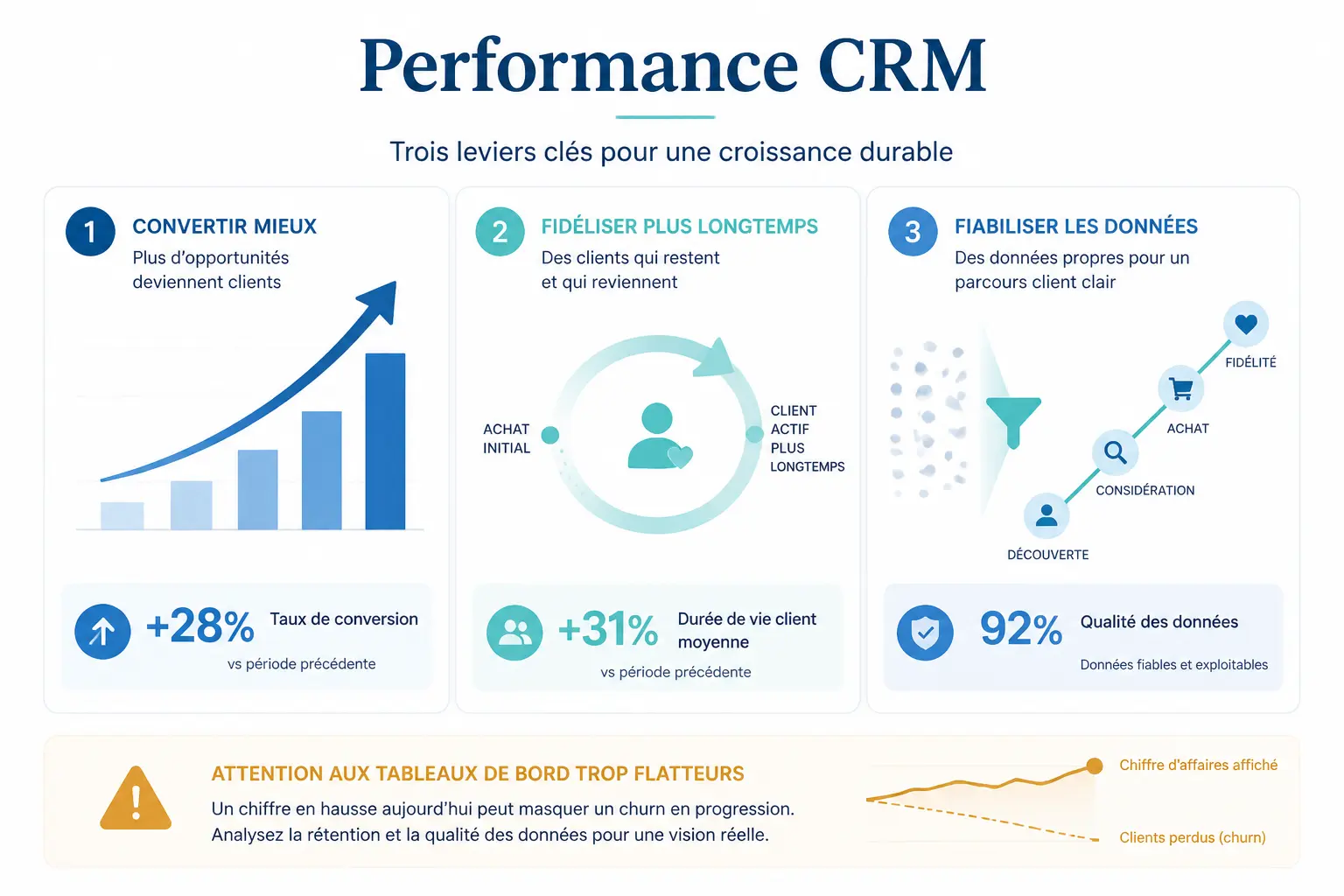 crm manager définition : tableau de bord KPI avec conversion, rétention et qualité des données