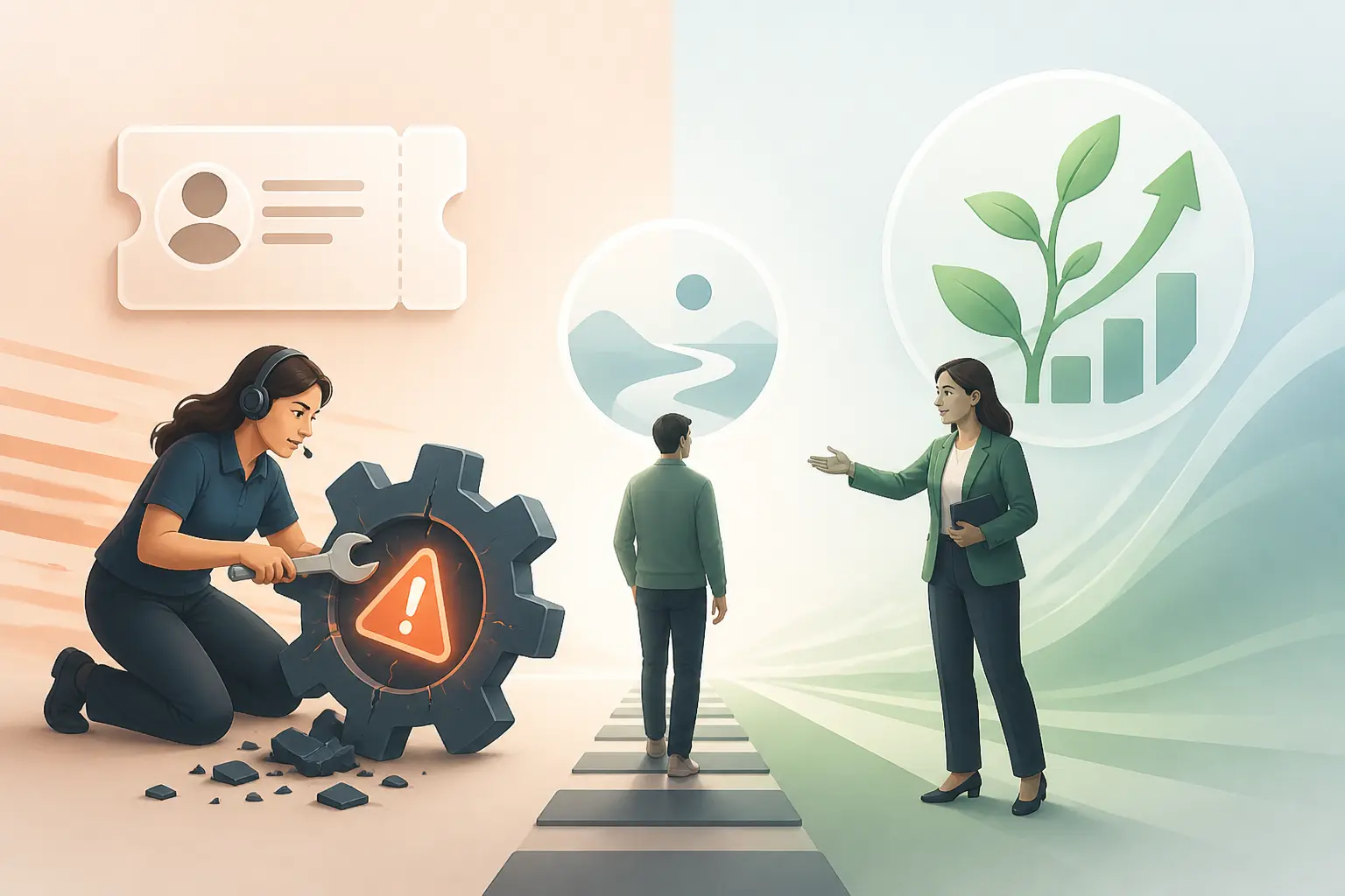 Customer success : un support client répare un incident, tandis qu’un account manager guide l’adoption.