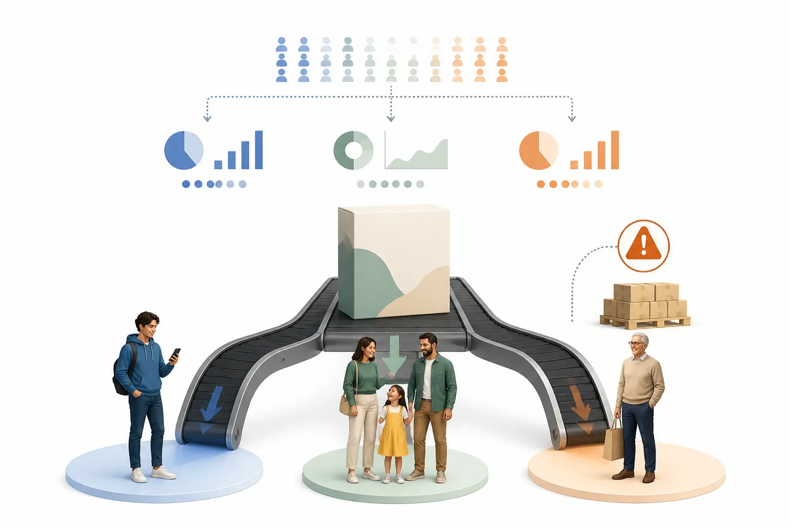 Marché de masse : produit central sur convoyeur, segmentation en trois publics et signaux de données.