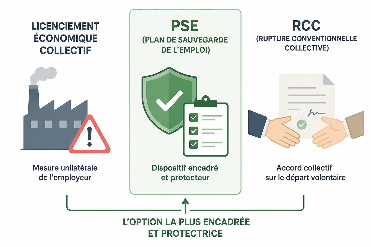 Comparatif du plan de sauvegarde de l'emploi, du licenciement collectif et de la RCC en trois colonnes
