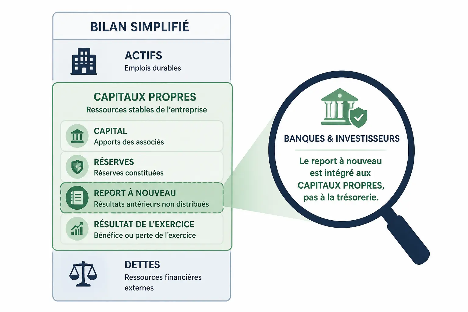 Bilan simplifié avec capitaux propres mis en avant et report à nouveau repéré parmi les fonds propres.