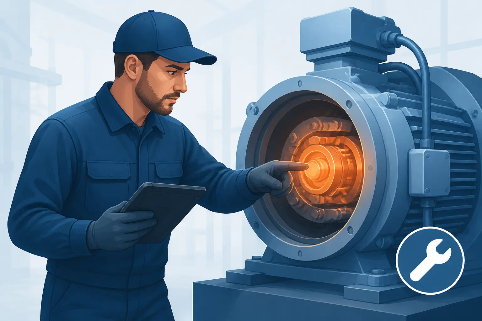 Technicien de maintenance salaire : un technicien inspecte une machine industrielle avec tablette et clé.