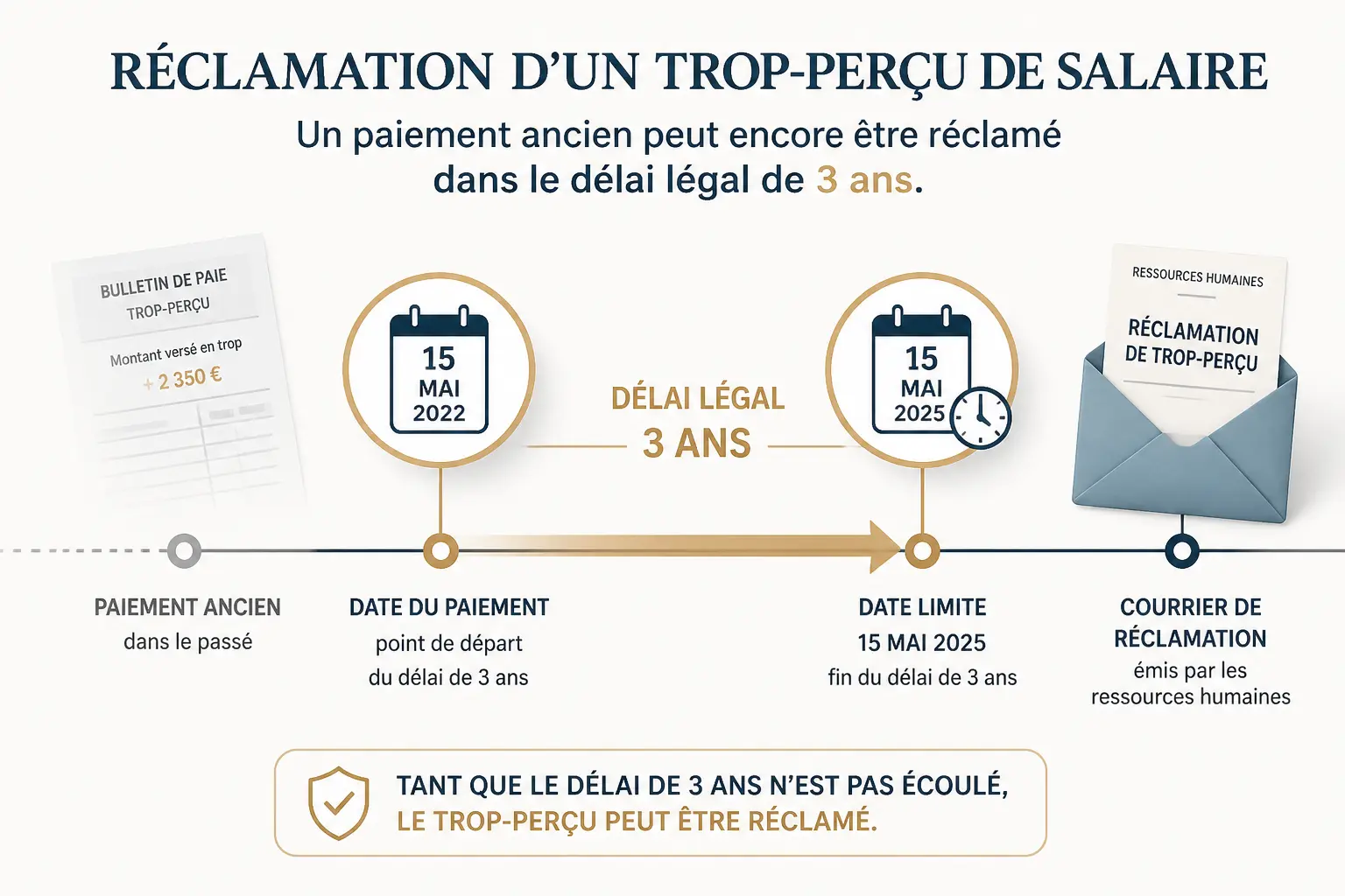 Timeline du trop-perçu salaire erreur employeur avec délai de 3 ans, date, courrier RH et bulletin ancien