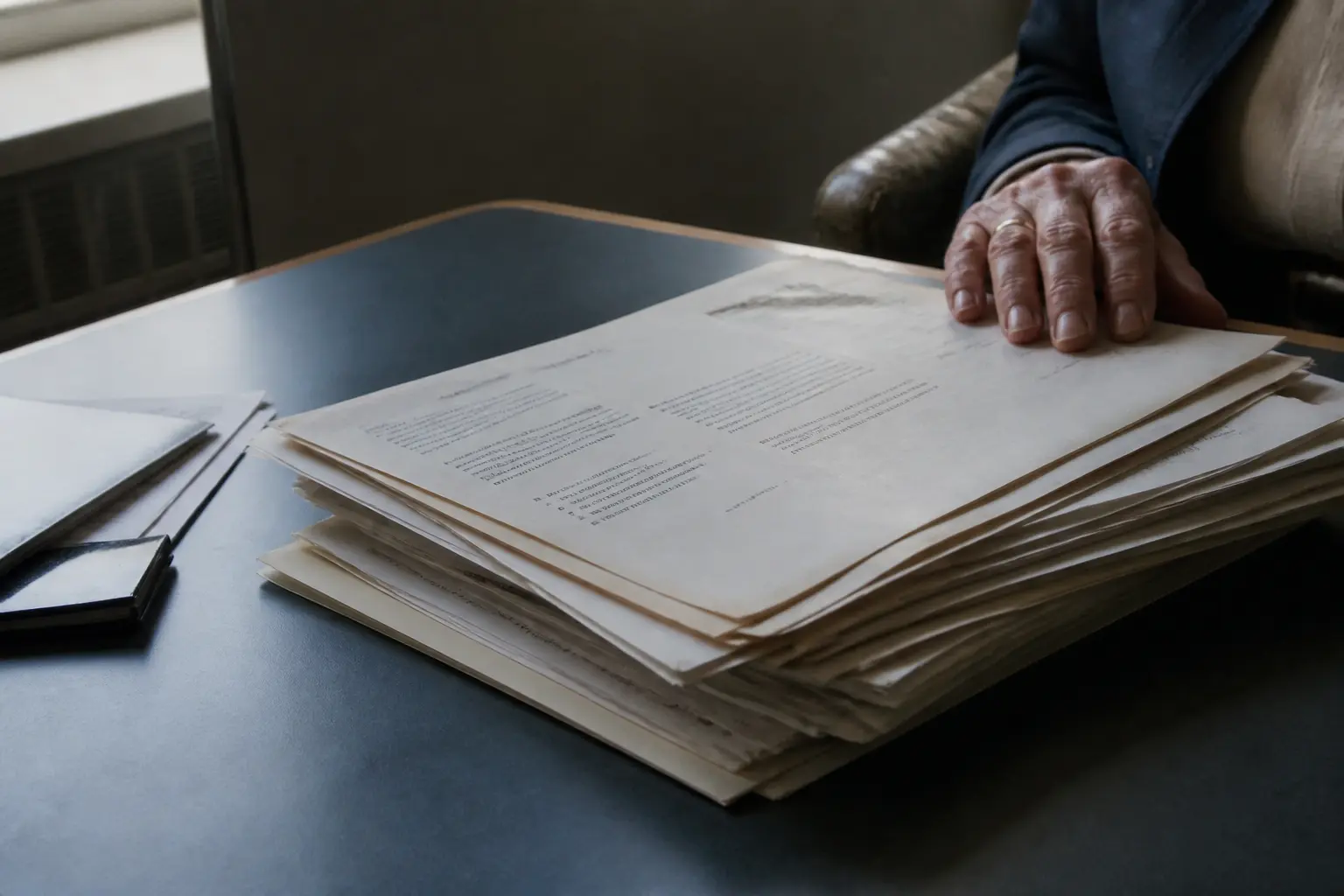 Dossier d’allocation equivalent retraite sur bureau d’un bureau administratif, notices de chômage empilées, lumière douce froide