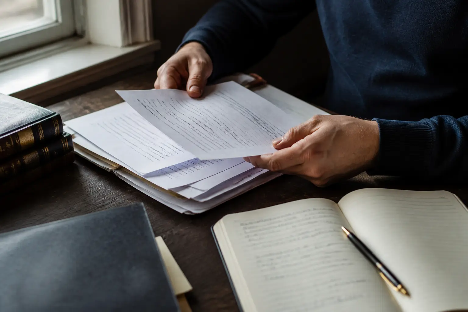 Mains triant des offres d’alternance comptabilité et des notes sur un bureau près d’une fenêtre, lumière douce naturelle