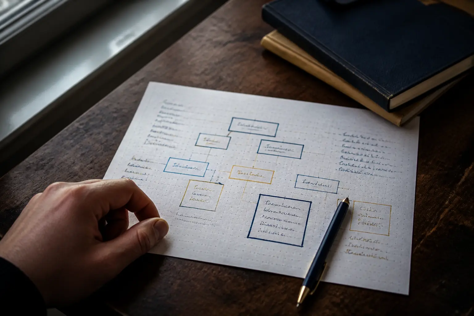 Diagramme d’analyse fonctionnelle sur bureau en bois, avec notes manuscrites, pour une bete a corne en contexte d’atelier
