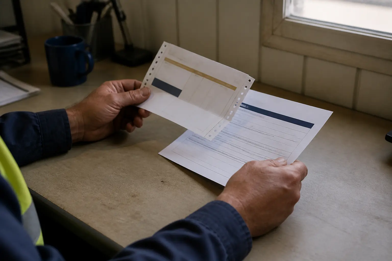 Mains d’un ouvrier du BTP tenant une fiche de paie et un arrêt maladie, btp prevoyance en contexte chantier