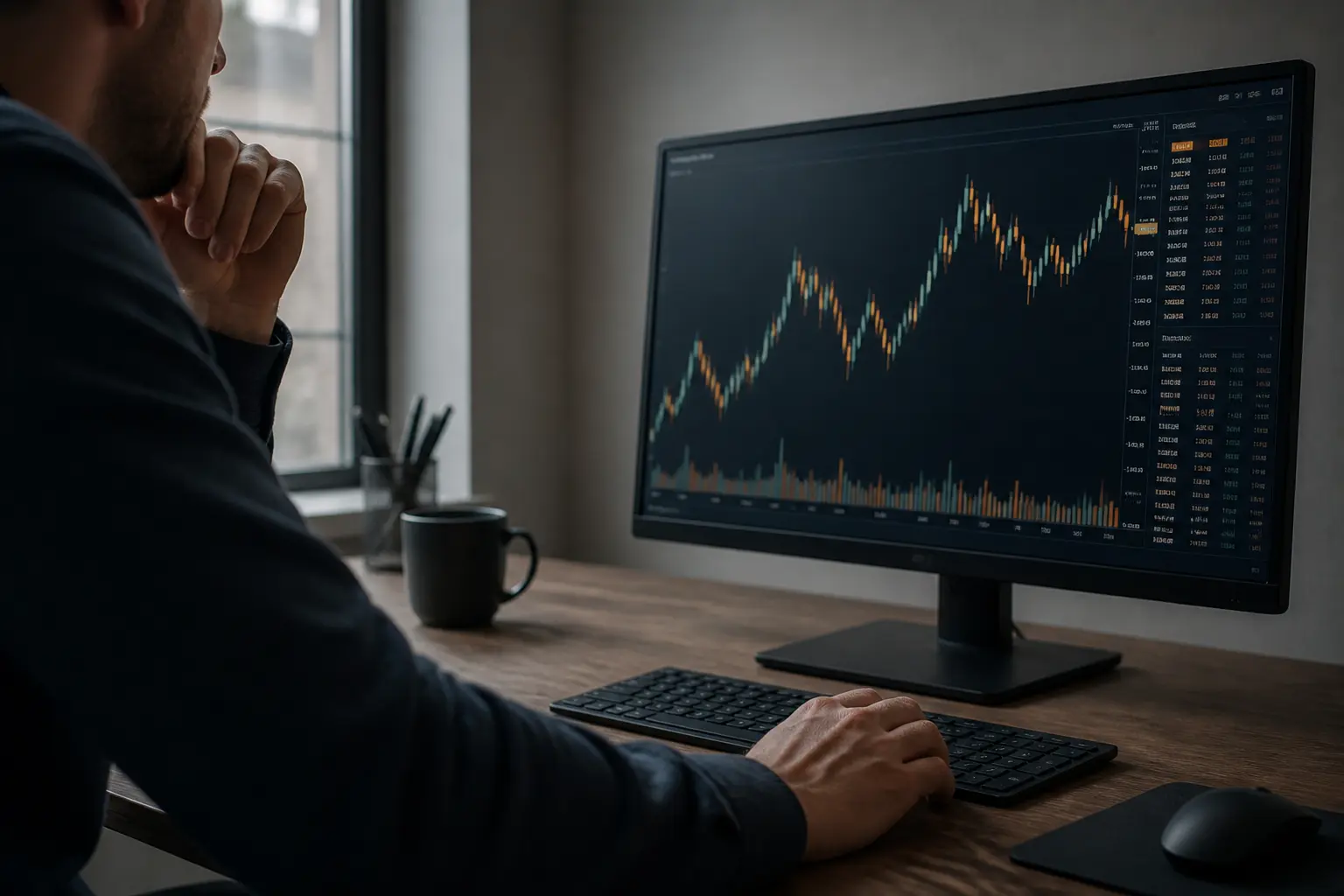 Bureau de trading calme, écran affichant un graphique crypto, ambiance bull run sous lumière froide de fenêtre