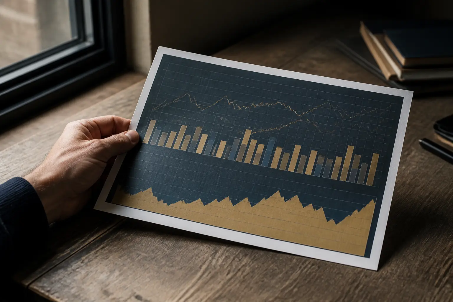 Main tenant un graphique financier imprimé sur un bureau, illustrant le cagr dans un bureau calme près d’une fenêtre