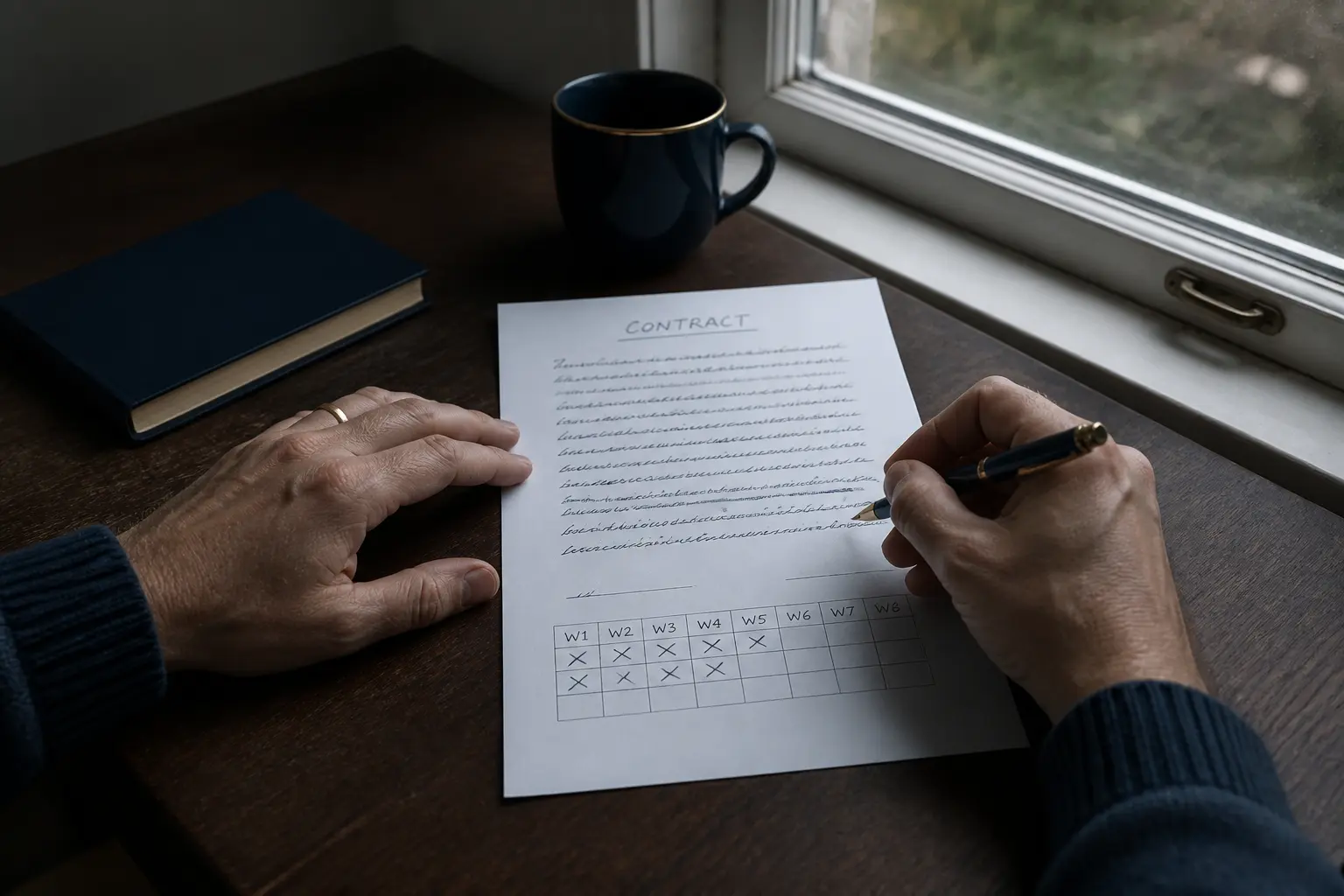 Calcul congés payés assistante maternelle : contrat manuscrit et semaines de calendrier sur une table de cuisine près d’une fenêtre.