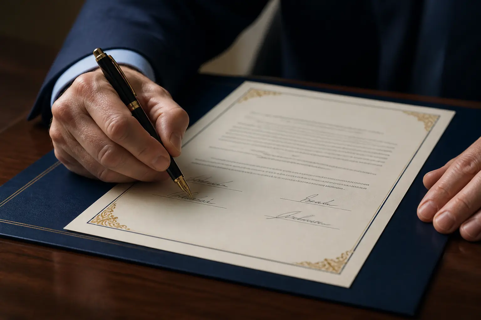 Contrat d'engagement à respecter les principes de la république signé sur un bureau de préfecture, main en gros plan.