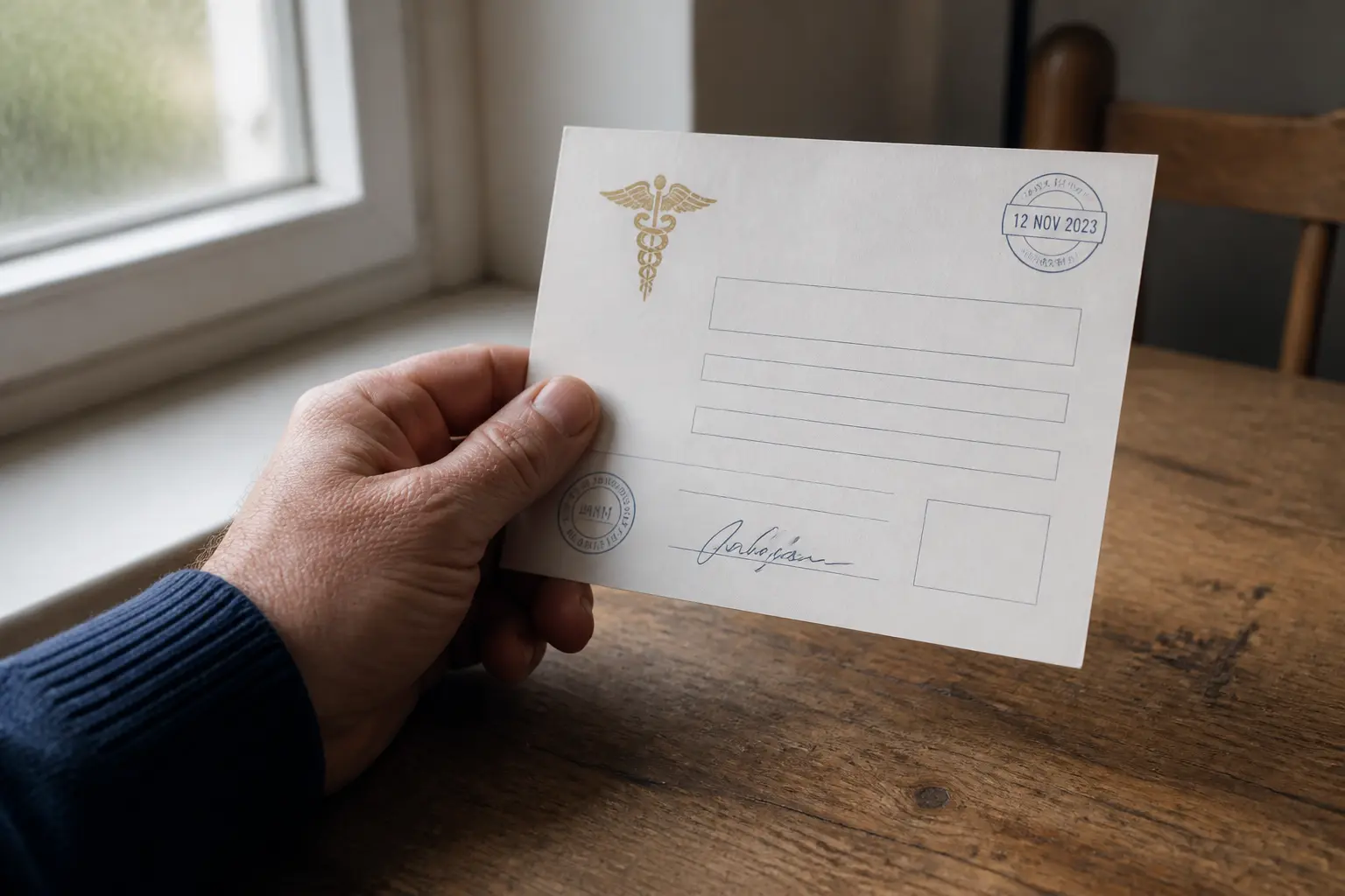 Main tenant un certificat médical daté sur une table, déclaration tardive accident du travail par le salarié