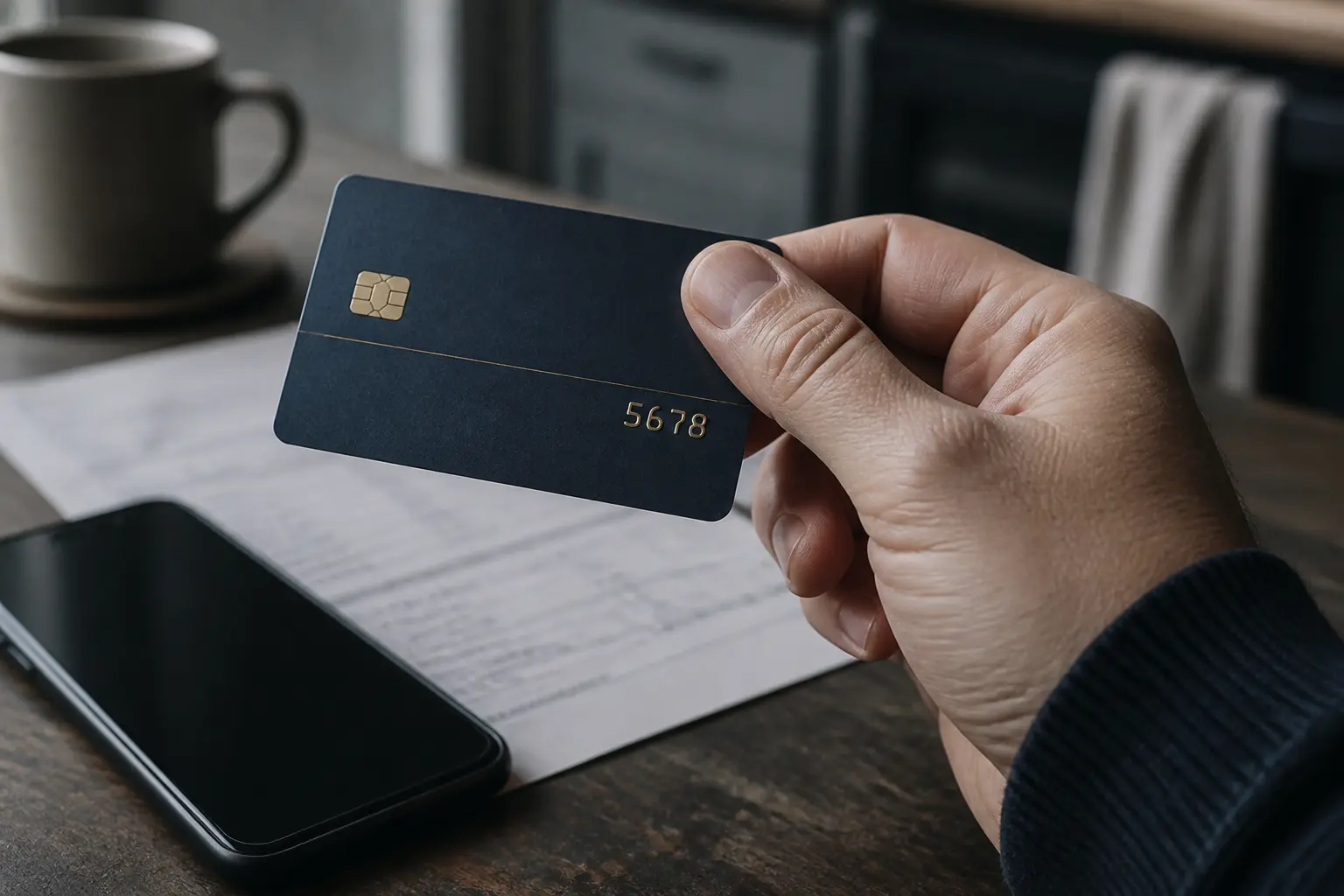 Main tenant une carte bancaire près d’une facture et d’un smartphone, illustrant donner les 4 derniers chiffres de sa carte bancaire