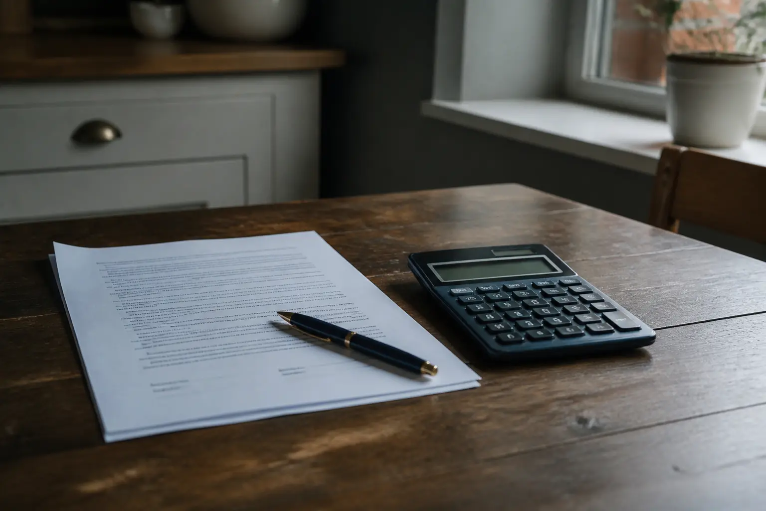 Contrat de prêt et calculatrice sur une table de cuisine, illustrant l’euribor 1 mois dans une lumière naturelle douce