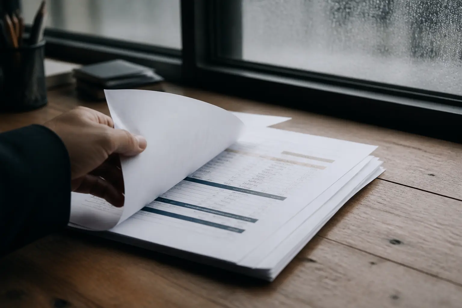 Documents financiers feuilletés sur bureau près d’une fenêtre, illustration de finance ltm en lumière froide naturelle