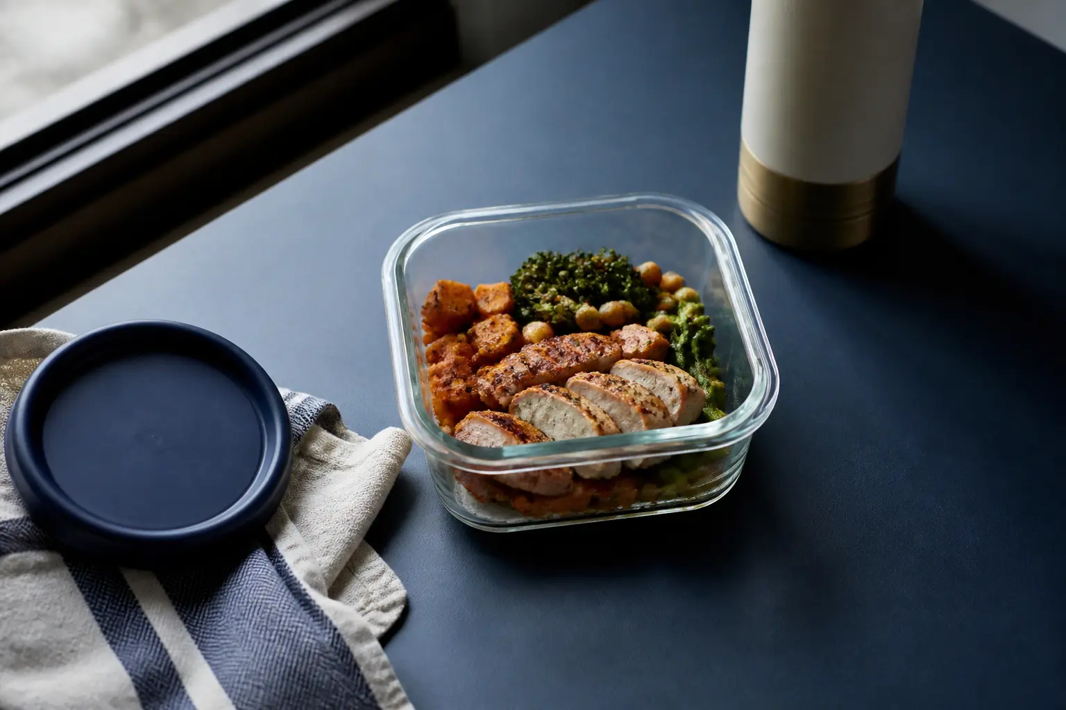 Gamelle repas maison en boîte, frais réel repas gamelle, sur table de kitchenette près d’une fenêtre, lumière douce.