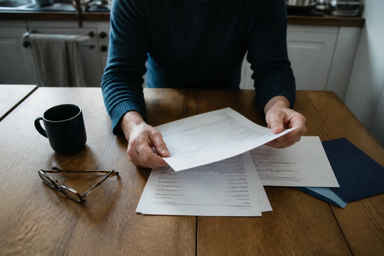 Mains examinant un accord de départ et des relevés bancaires dans une cuisine, illustrant les pièges du csp