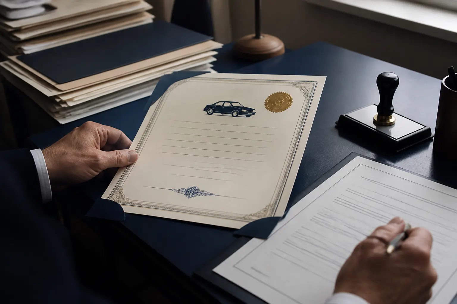 Dossier de licence taxi prix sur bureau municipal, certificat d’autorisation et documents de vente en lumière douce.